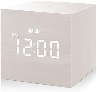 JALL Digital Alarm Clock with Wooden LED Display 3 Alarm White