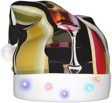 Cocktail Glasses Wine Bottles Print Christmas Hat with LED Lights