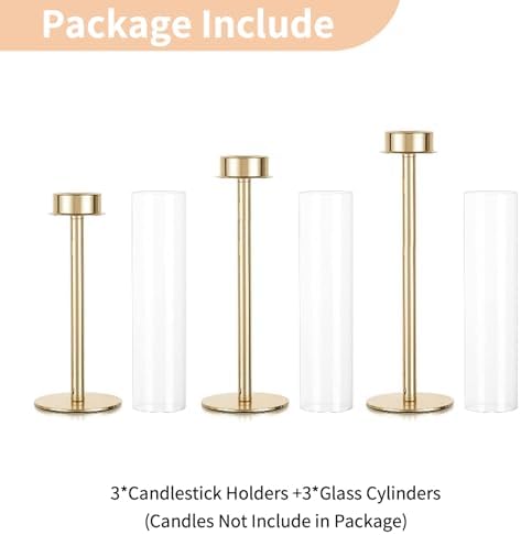 NUPTIO Gold Taper Candle Holders 3 Pcs Hurricane Candlestick