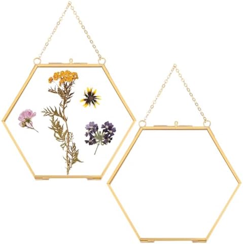 UNICRAFTALE 2Pcs Floating Glass Photo Frame with Golden Pressed Flowers