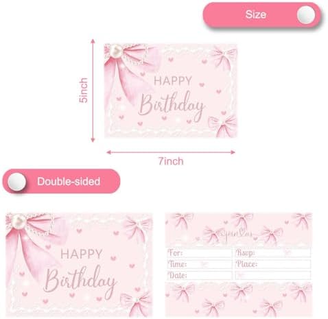 24 Pcs Pink Bow Birthday Invitation Cards