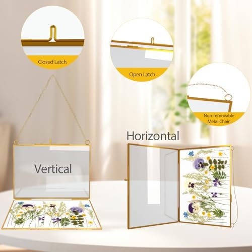 4 Pcs Gold Hanging Glass Picture Frame for DIY Pressed Flower Display