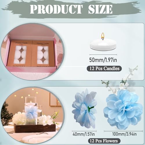 24 Pcs Floating Candles and Artificial Flowers Set Blue