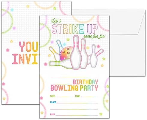 Neon Glow Bowling Birthday Invites 20 Cards with Envelopes