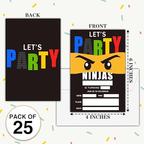 4 x 6 Ninja Birthday Invites With Envelopes - 25 Sets