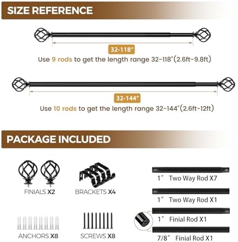 KAMANINA Black Twist Curtain Rods 32-144 Inches