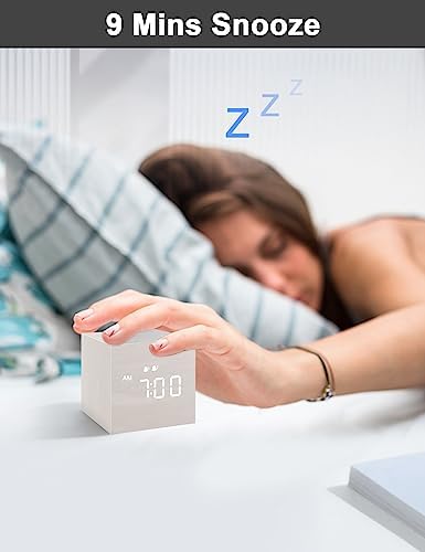 JALL Digital Alarm Clock with Wooden LED Display 3 Alarm White