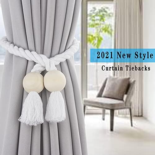 4 Pack White Magnetic Curtain Tiebacks with Wooden Buckle