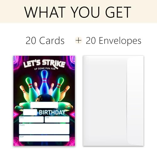 Bowling Birthday Party Invitations 20 Cards 4x6 with Envelopes