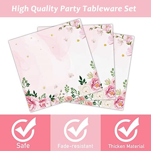 96 Pcs Pink Floral Party Plates Napkins Set for 24 Guests