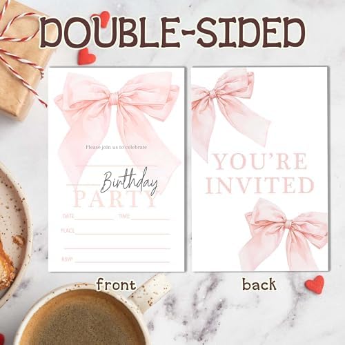 20 Pink Bow Birthday Invitations with Envelopes