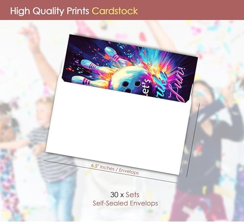 Bowling Birthday Invites Neon Design 30 Sets with Envelopes