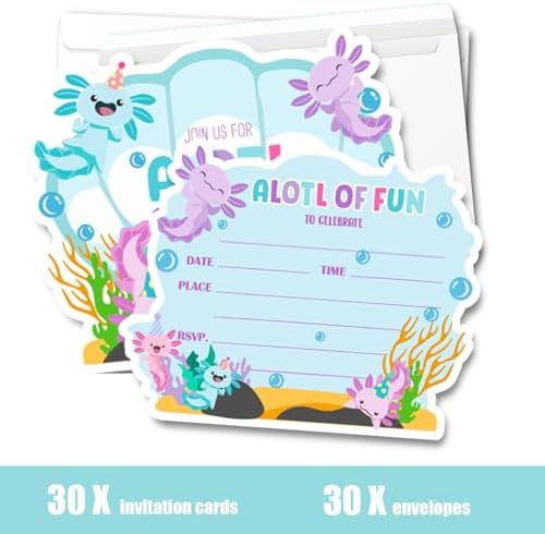 Axolotl Birthday Invitations with Envelopes 30Pcs
