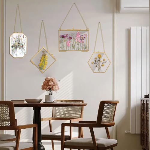 4 Pcs Gold Hanging Glass Picture Frame for DIY Pressed Flower Display