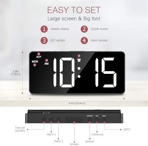 LOFICOPER 7 Inch Digital Alarm Clock with Dual Alarms