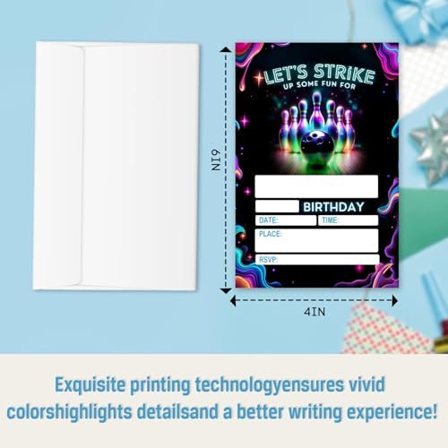 Neon Strike Bowling Birthday Invites - 25 Pcs Double Sided