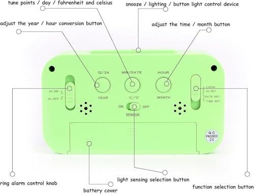 KAIJIELY LCD Digital Alarm Clock with Temperature Display Green