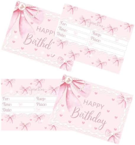 24 Pcs Pink Bow Birthday Invitation Cards
