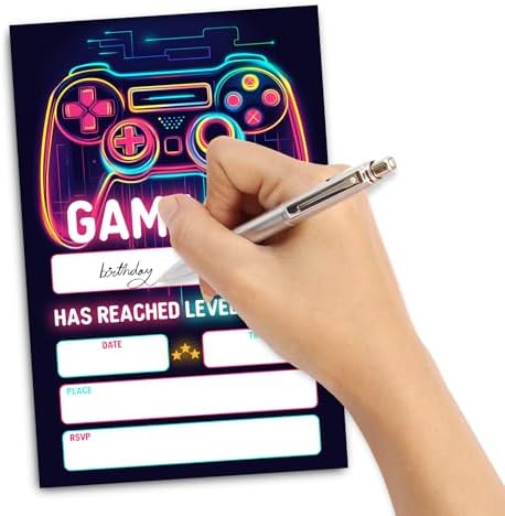 Neon Video Game Birthday Party Invitation Cards Double-Sided 30-Pack with Envelopes
