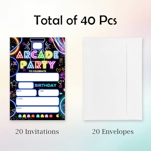 Neon Arcade Birthday Invites - 20pcs with Envelopes