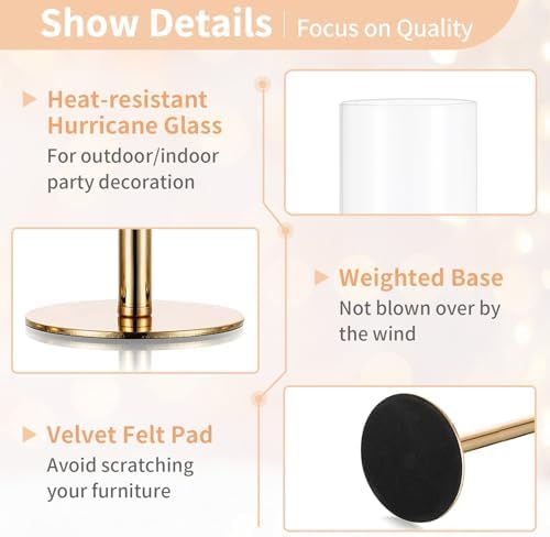 NUPTIO Gold Taper Candle Holders 3 Pcs Hurricane Candlestick