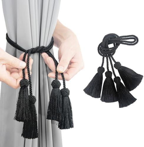 Porlau Black Tassel Curtain Tiebacks 2pack