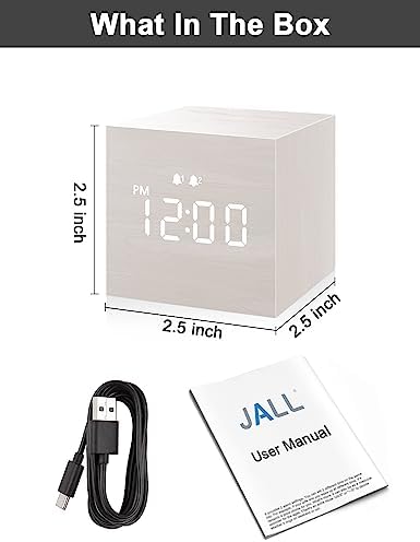 JALL Digital Alarm Clock with Wooden LED Display 3 Alarm White