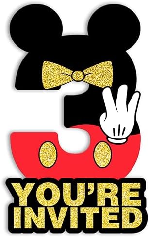 Mouse Boy 3rd Birthday Invitations Black Red Glitter 20 Pack