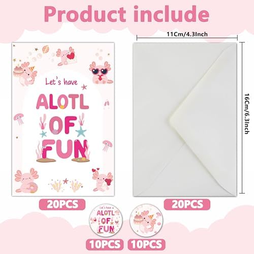 Axolotl Birthday Invitations Set with Envelopes