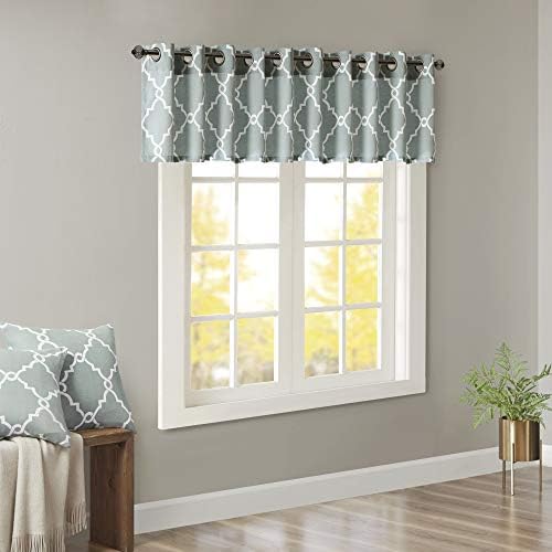 Madison Park Saratoga Fretwork Print Valance Swags 50x18 Seafoam White