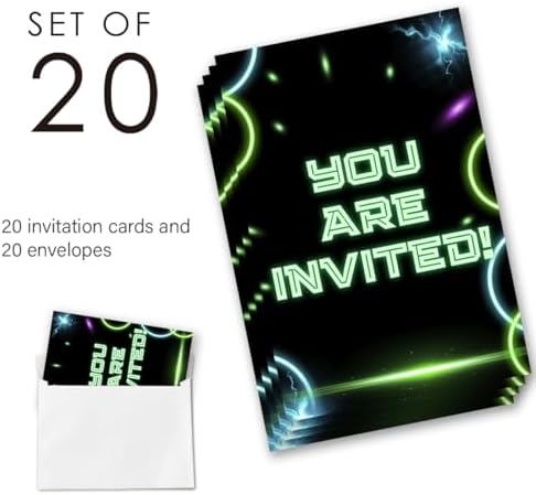Neon Bowling Party Invites 20 Cards with Envelopes Double Sided