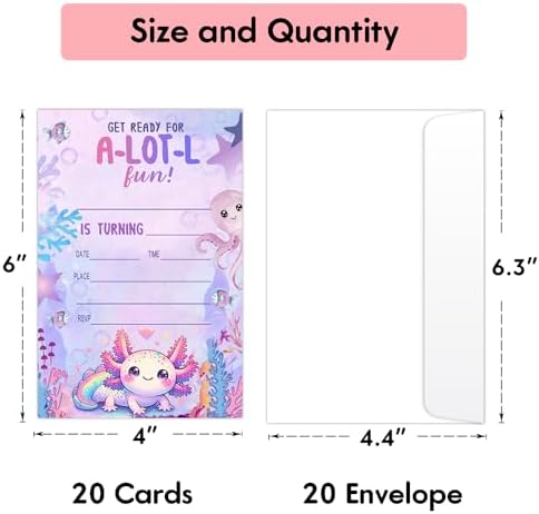 Axolotl Birthday Invitations for Kids 20 Piece Set