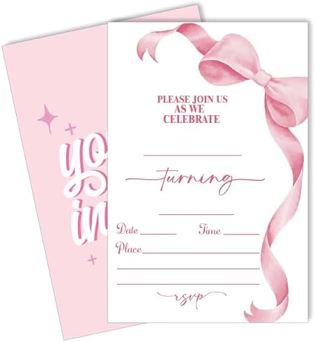 Pink Bow Birthday Party Invitations 20pcs with Envelopes