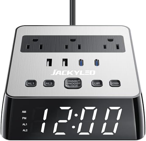 JACKYLED Alarm Clock with 48A USB Ports and Surge Protection
