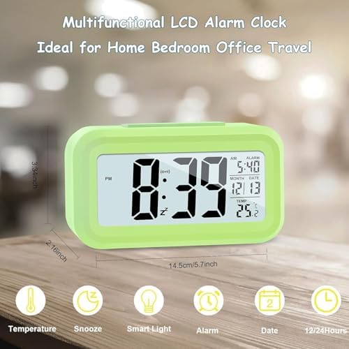KAIJIELY LCD Digital Alarm Clock with Temperature Display Green