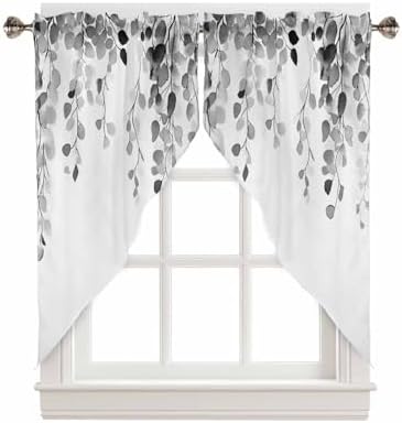 Grey Eucalyptus Leaves Window Valance with 2 Panels 36x45 Inches