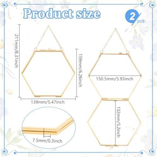 UNICRAFTALE 2Pcs Floating Glass Photo Frame with Golden Pressed Flowers