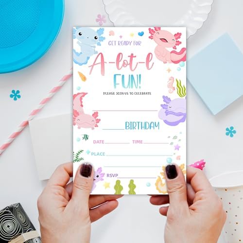 Axolotl Birthday Invites With Envelopes - 20 Sets