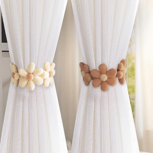 2 Pcs Flower Curtain Tiebacks with Buttons Beige