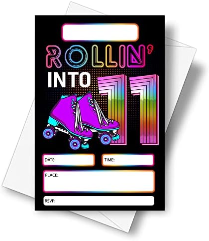 DETIHO 4x6 Roller Skating 11th Birthday Party Invitations 20 Sets