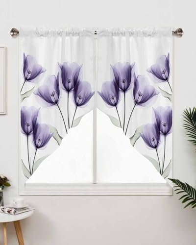 Purple White Tulip Swag Curtains Valance for Kitchen Windows