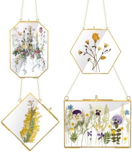 4 Pcs Gold Hanging Glass Picture Frame for DIY Pressed Flower Display