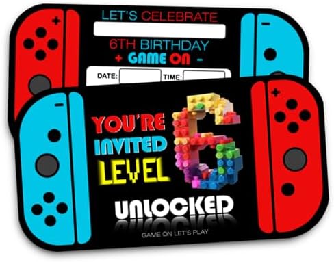 Video Game 6th Birthday Invitation Cards Set