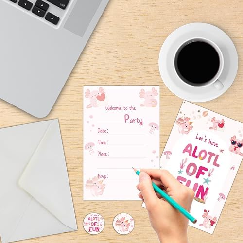 Axolotl Birthday Invitations Set with Envelopes