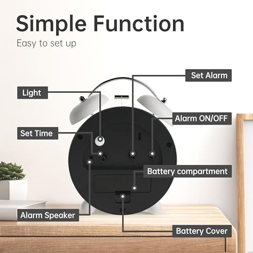 Twin Bell Alarm Clock with Night Light and Super Silent Hand