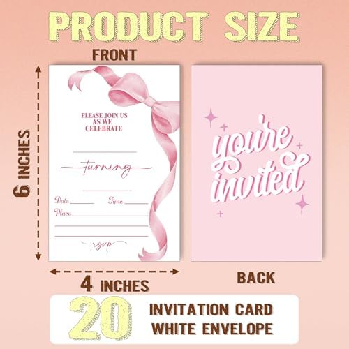 Pink Bow Birthday Party Invitations 20pcs with Envelopes