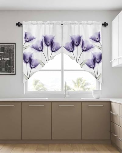 Purple White Tulip Swag Curtains Valance for Kitchen Windows