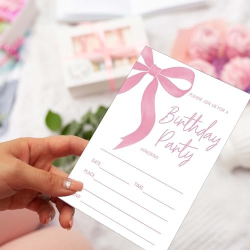 SIXEIGHT 20 Pink Bow Birthday Invitations with Envelopes