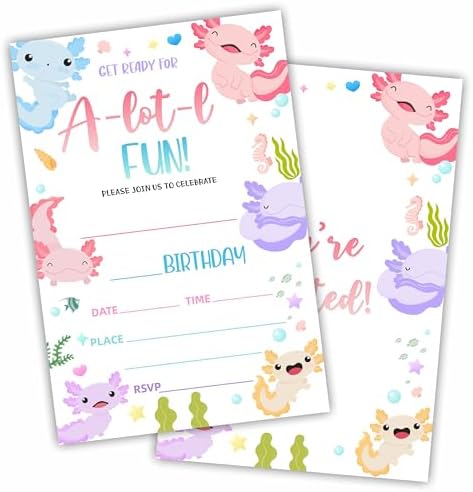 Axolotl Birthday Invites With Envelopes - 20 Sets