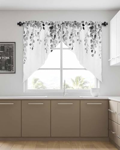 Grey Eucalyptus Leaves Window Valance with 2 Panels 36x45 Inches